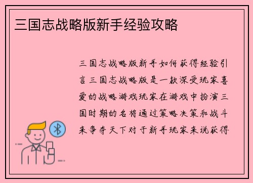 三国志战略版新手经验攻略